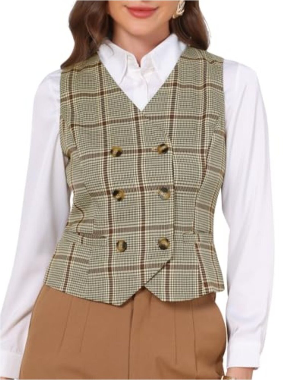 Allegra K Women Vintage Plaid Double Breasted Slim Fit Waistcoat